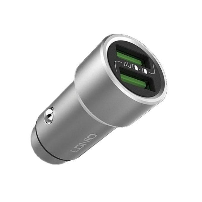 Dual USB LED Car Charger With Cable - Silver