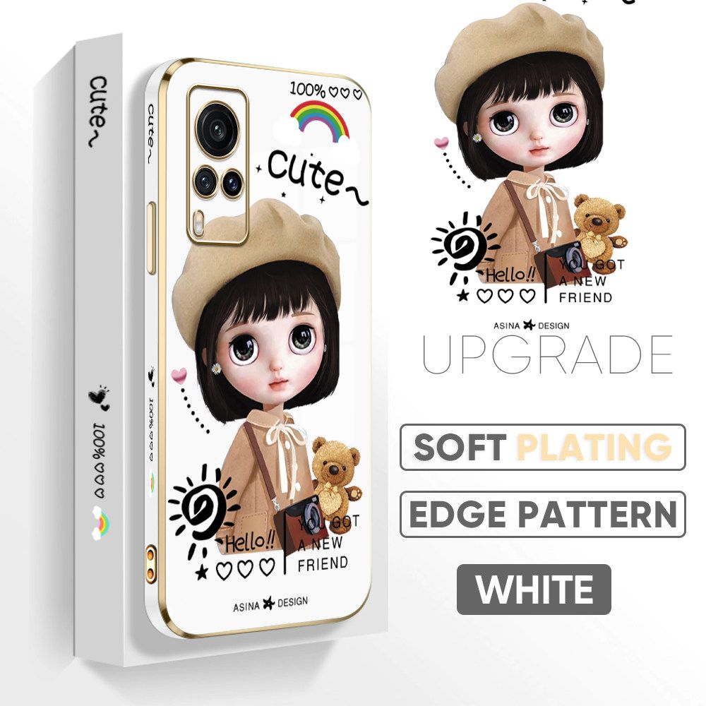 TA for Vivo X60 Back Cover + Free Lanyard Satchel Girl Luxury 6D Plating Case Side Pattern Soft Silicone Square Phone Cases