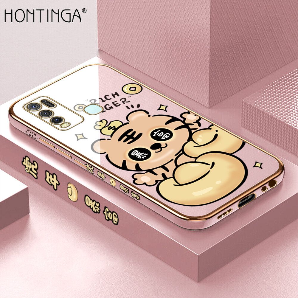 Hontinga for Vivo Y50 Y30 Y30I Back Cover + Free Lanyard Luxury 6D Plating Cartoon Get Rich Tiger Side Pattern Caese Soft Silicone Square Phone Cases