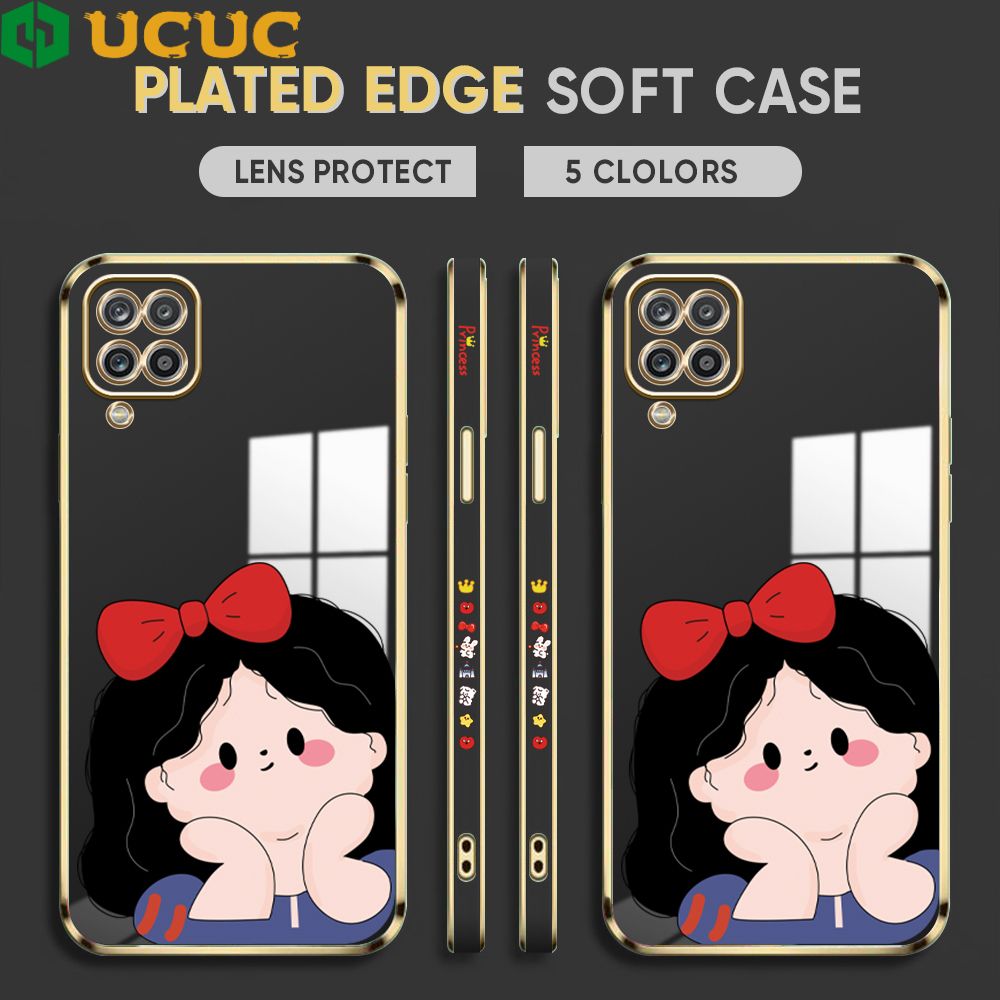UCUC for Samsung Galaxy M12 / A12 / A12 5G Back Cover + Free Lanyard Cute Gir Luxury 6D Plating Case Side Pattern Soft Silicone Square Phone Cases