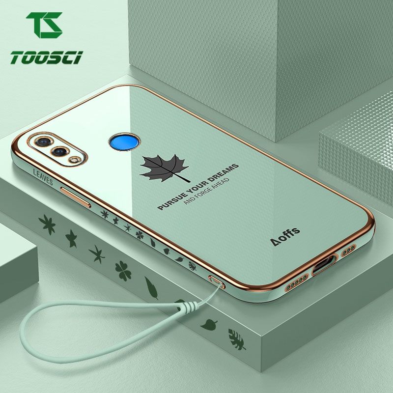 Toosci Maple Leaf Phone Case For Huawei honor 8X Luxury Chrome Gold Plated Soft TPU Square Case + Lanyard
