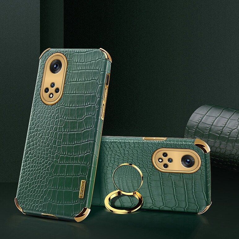 Luxury Plated Crocodile Pattern Leather Holder Phone Case For Honor 50 / Huawei Nova 9 Magentic Car Ring Stand Cover