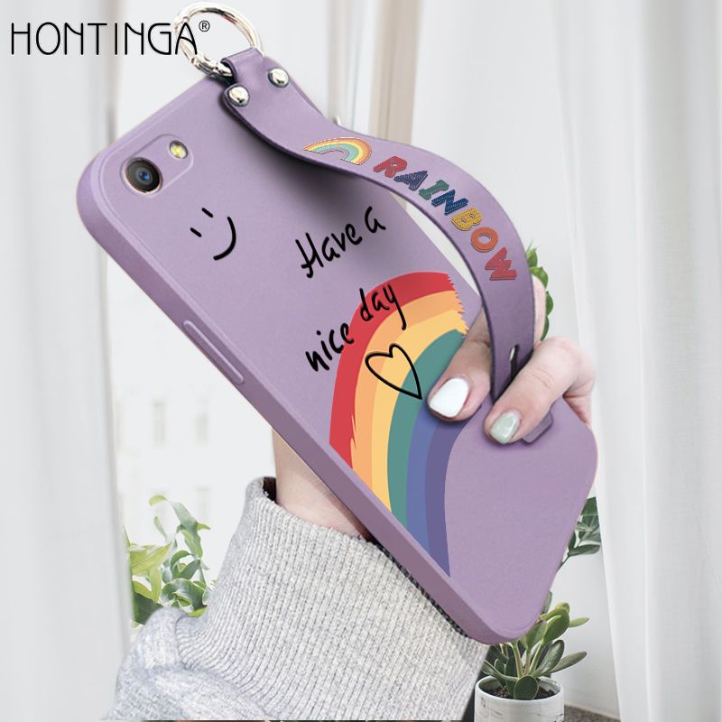 Hontinga for OPPO F1S Wrist Strap Case Lovely Graffiti Rainbow Smile Thin Phone Cover Square Edge Liquid Silicone Creativity Phone Case