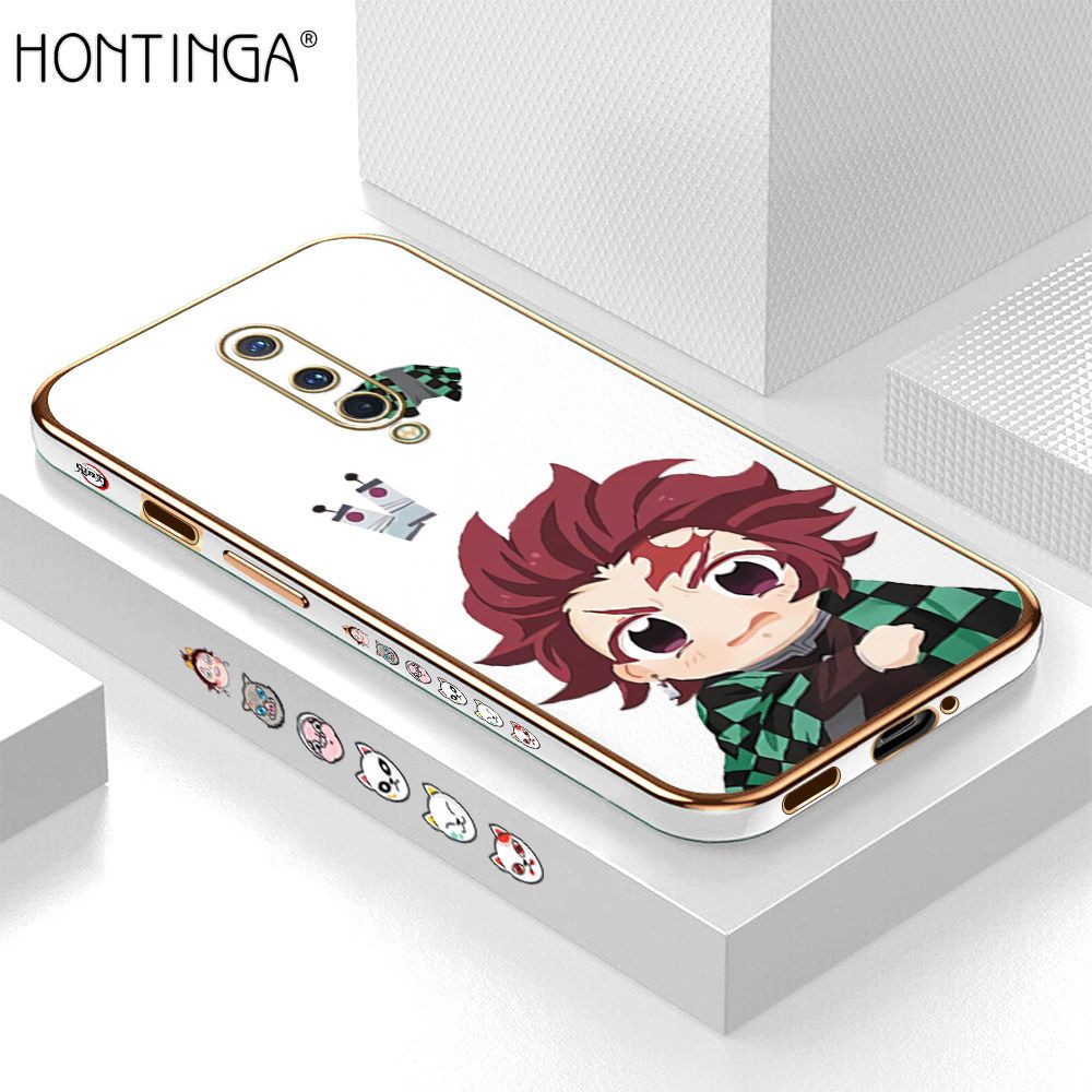 Hontinga for OnePlus 8 Back Cover + Free Lanyard Luxury 6D Plating Cartoon Anime Tanjirou Side Pattern Case Soft Silicone Square Mobile Cover