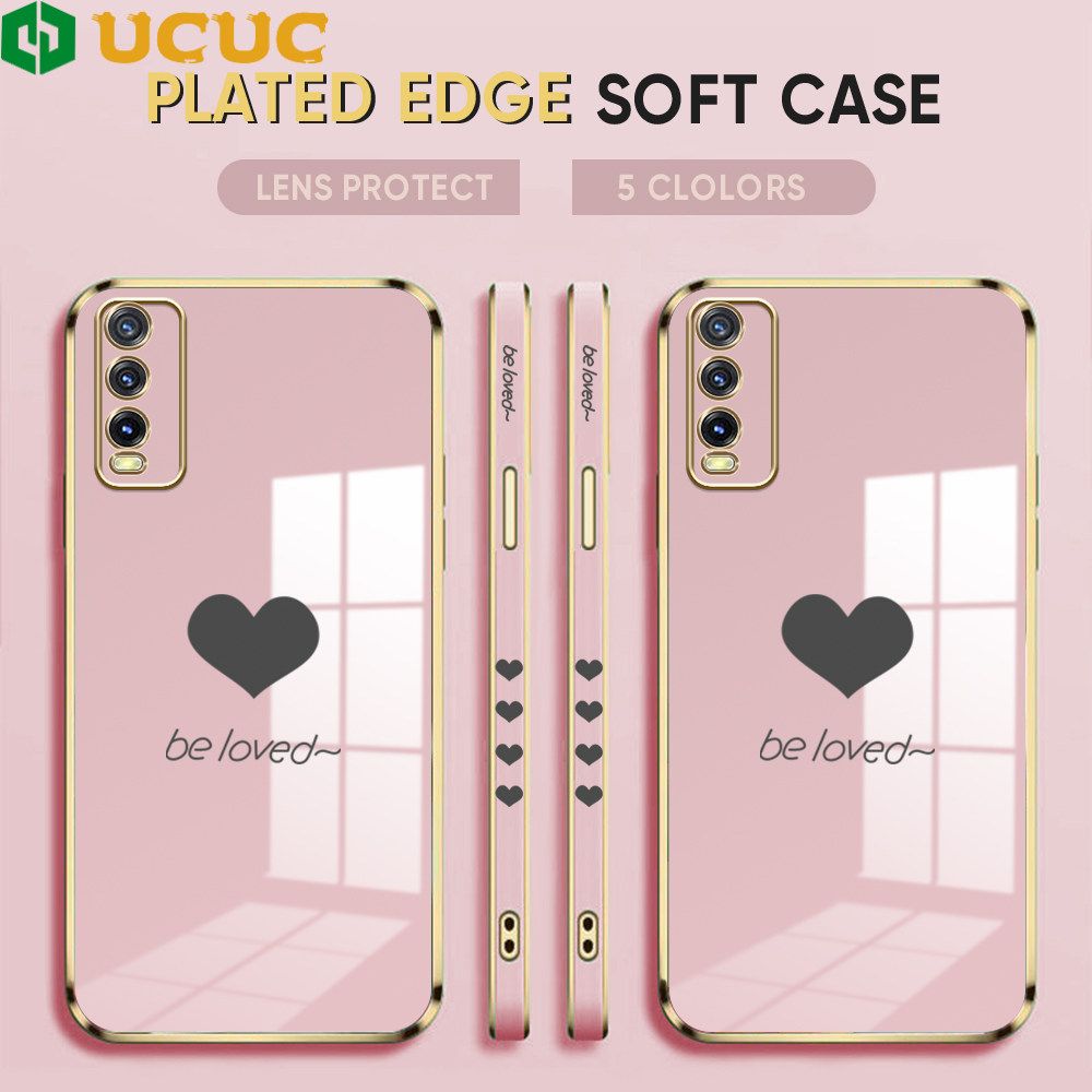 UCUC for Vivo Y20 2021 / Y20i / Y20 / Y20S / Y12S / Y12A / Y20S G Back Cover + Free Lanyard Lover Heart Luxury 6D Plating Case Side Pattern Soft Silicone Square Phone Cases