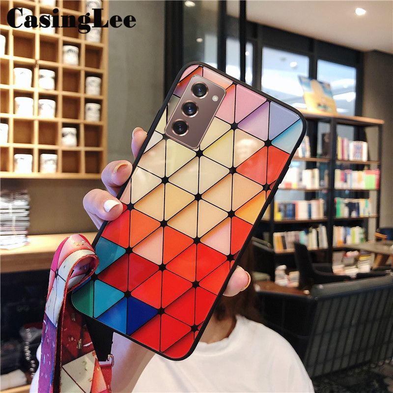 Protect Cover For Galaxy M03S case Shiny Gold Foil soft Phone case with Strap for Samsung Galaxy M03S Back Cover Rhombus geometry Design