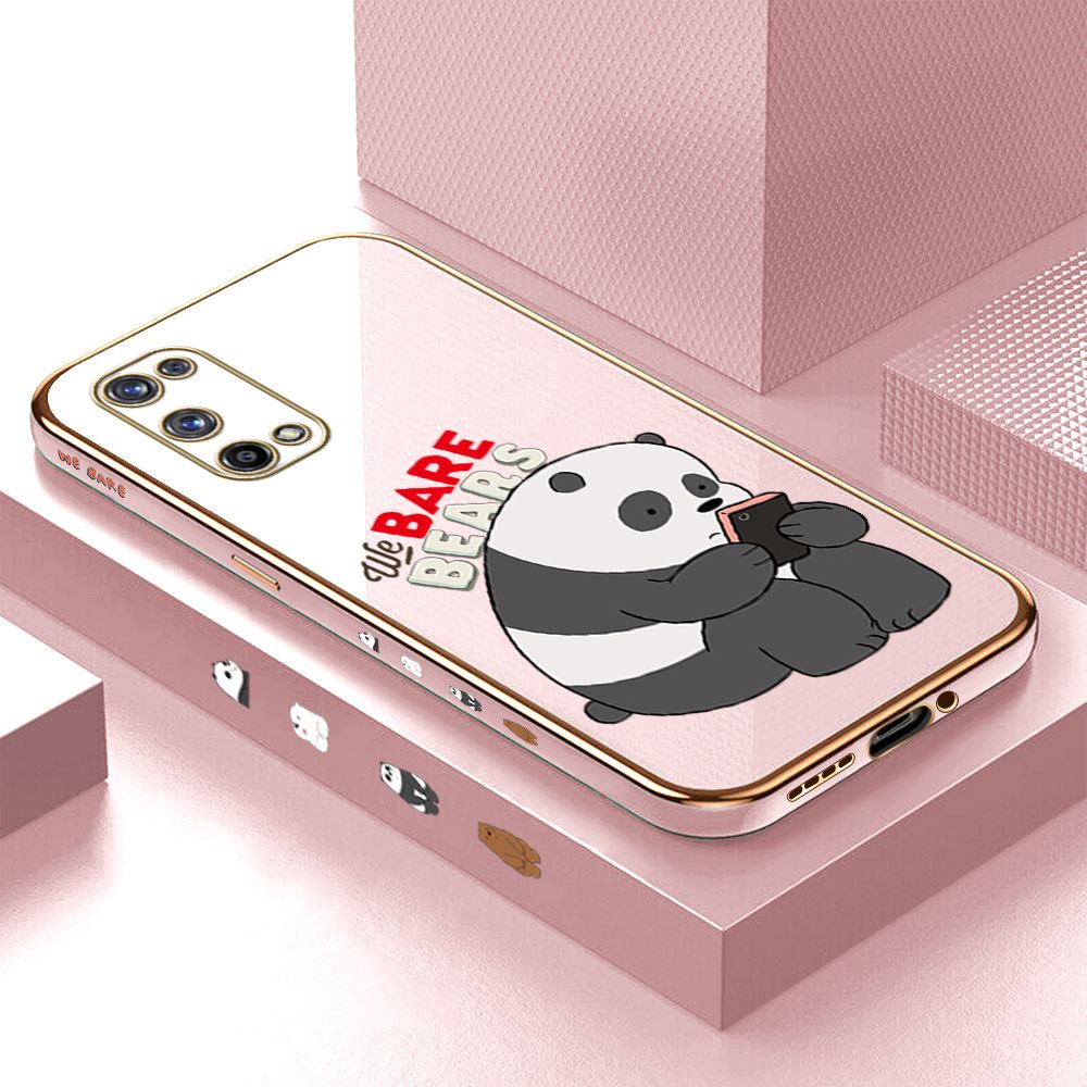 Luxury 6D Plating Case for Realme X7 Pro 5G Cartoon Panda Side Pattern Back Cover Soft Silicone Square Frame Shiny Bling Phone Cases + Free Lanyard