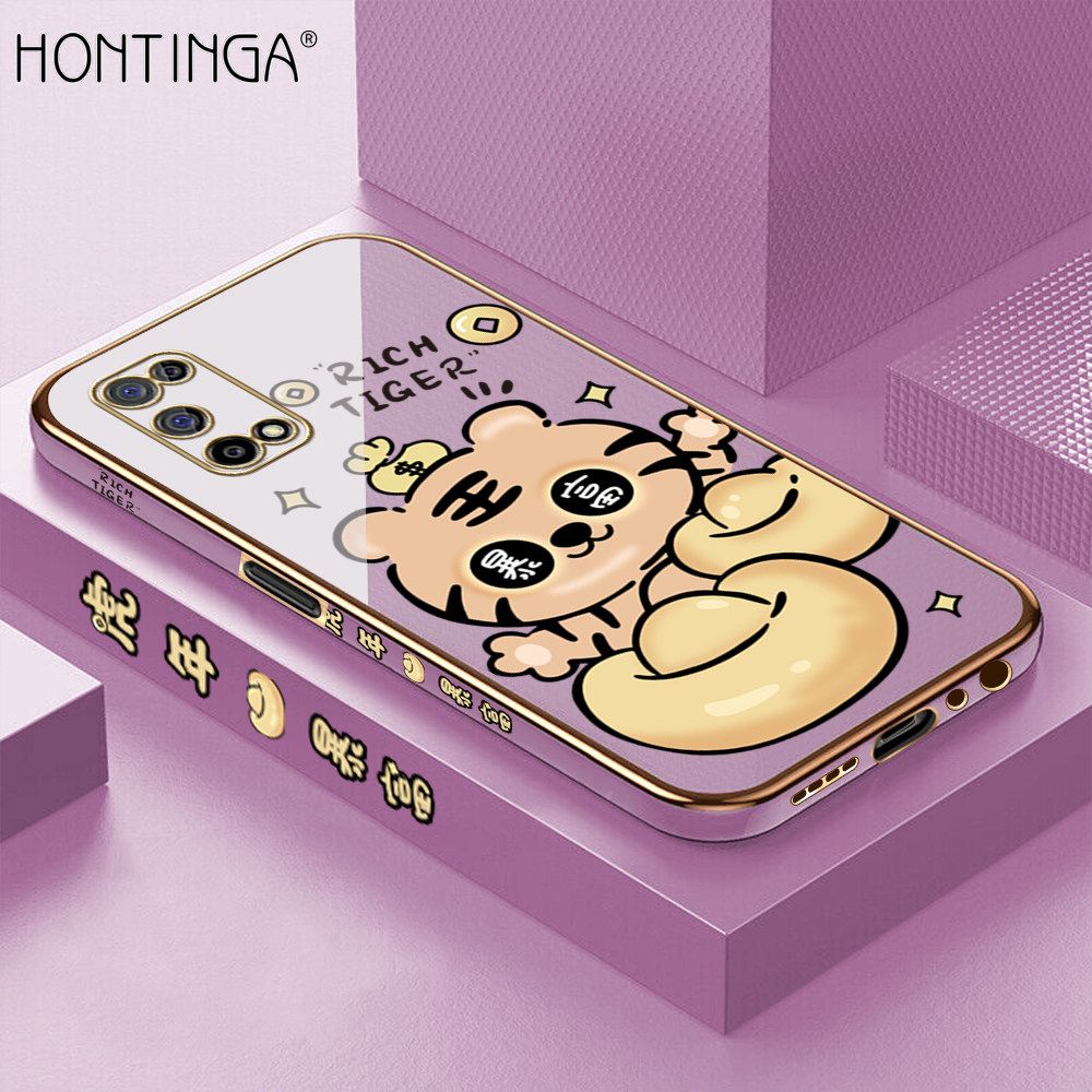 Hontinga for Realme 7 5G Back Cover + Free Lanyard Luxury 6D Plating Cartoon Get Rich Tiger Side Pattern Caese Soft Silicone Square Phone Cases