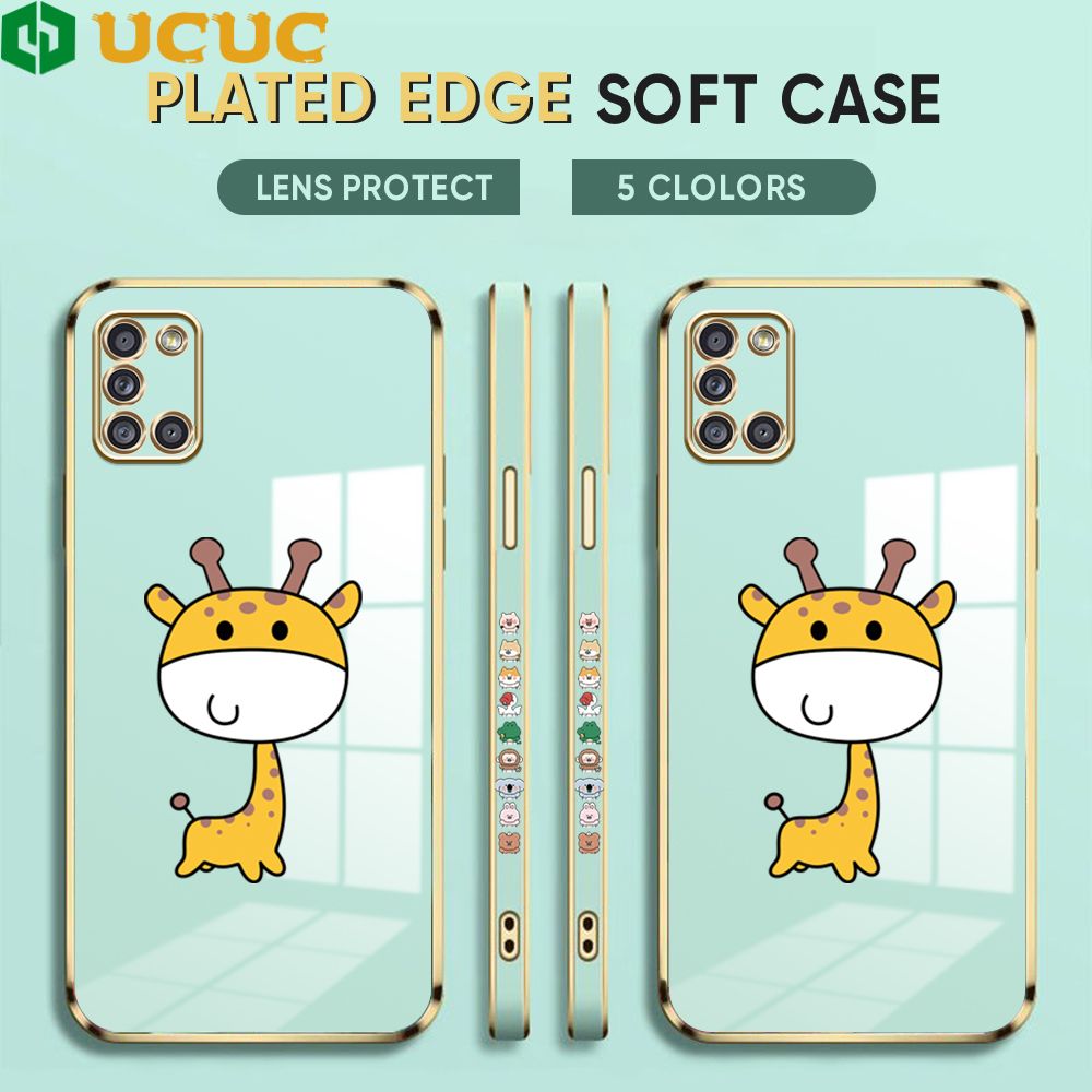 UCUC for Samsung Galaxy A31 Back Cover + Free Lanyard Big Head Giraffe Luxury 6D Plating Case Side Pattern Soft Silicone Square Phone Cases