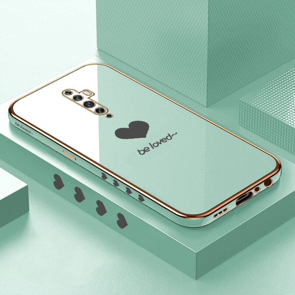 Luxury 6D Plating Soft Casing Silicone Square Frame Phone Case For OPPO Reno2 F Case Shiny Bling Back Cover Lover Heart Square Edge Pattern Design Soft Case + Free Lanyard