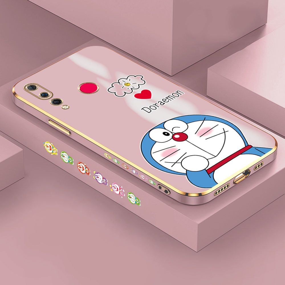 Hontinga for Huawei Nova 4 Back Cover + Free Lanyard Luxury 6D Plating Grinning Cartoon Cat Side Pattern Case Soft Silicone Square Mobile Cover