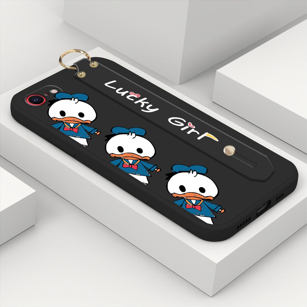 ZeroQiQi for iPhone SE 2020 Wrist Strap Case Cute Cartoon Little Duck Phone Case Square Edge Liquid Silicone Case Full Cover Camera Shockproof Protective Cases