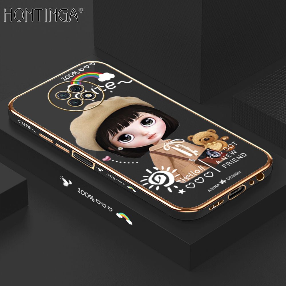 Hontinga for Xiaomi Redmi Note 9T Back Cover + Free Lanyard Luxury 6D Plating Cute Satchel Girl Side Pattern Case Soft Silicone Square Mobile Cover