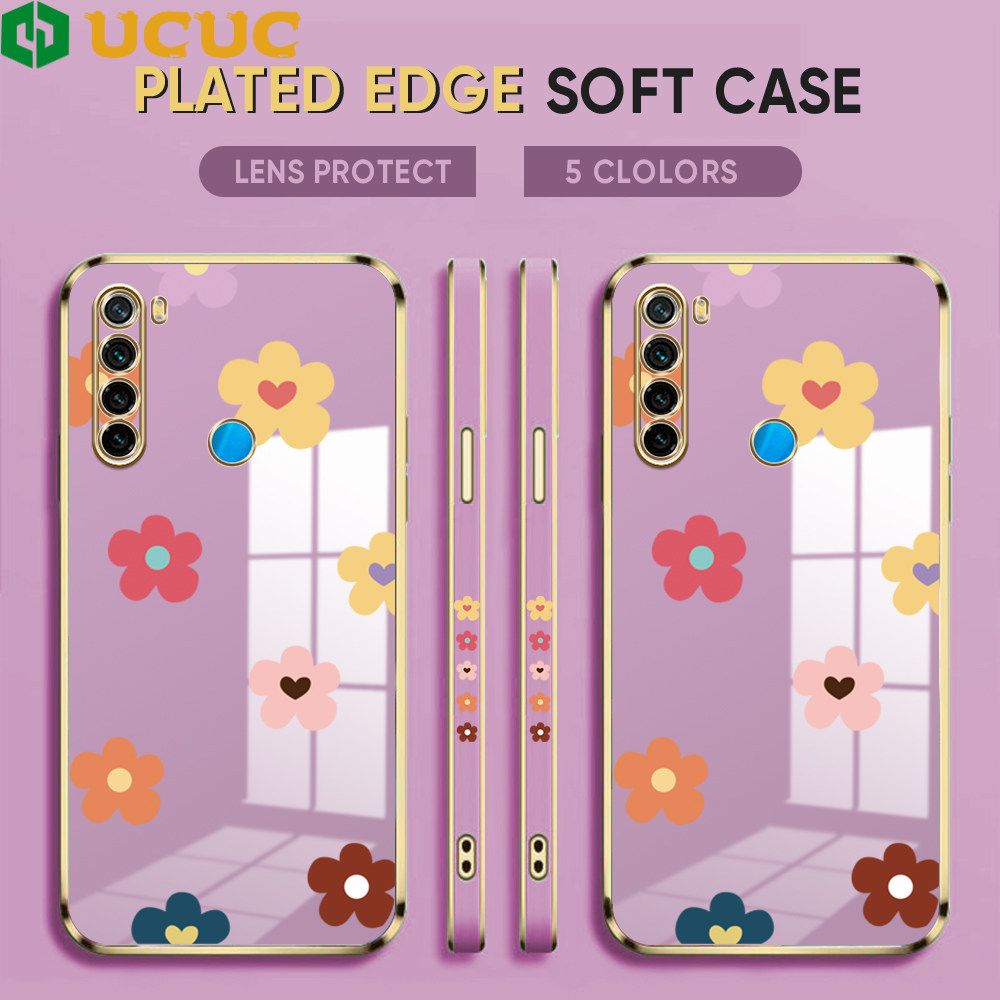 UCUC for Redmi Note 8 Back Cover + Free Lanyard INS Style Flower Luxury 6D Plating Case Side Pattern Soft Silicone Square Phone Cases