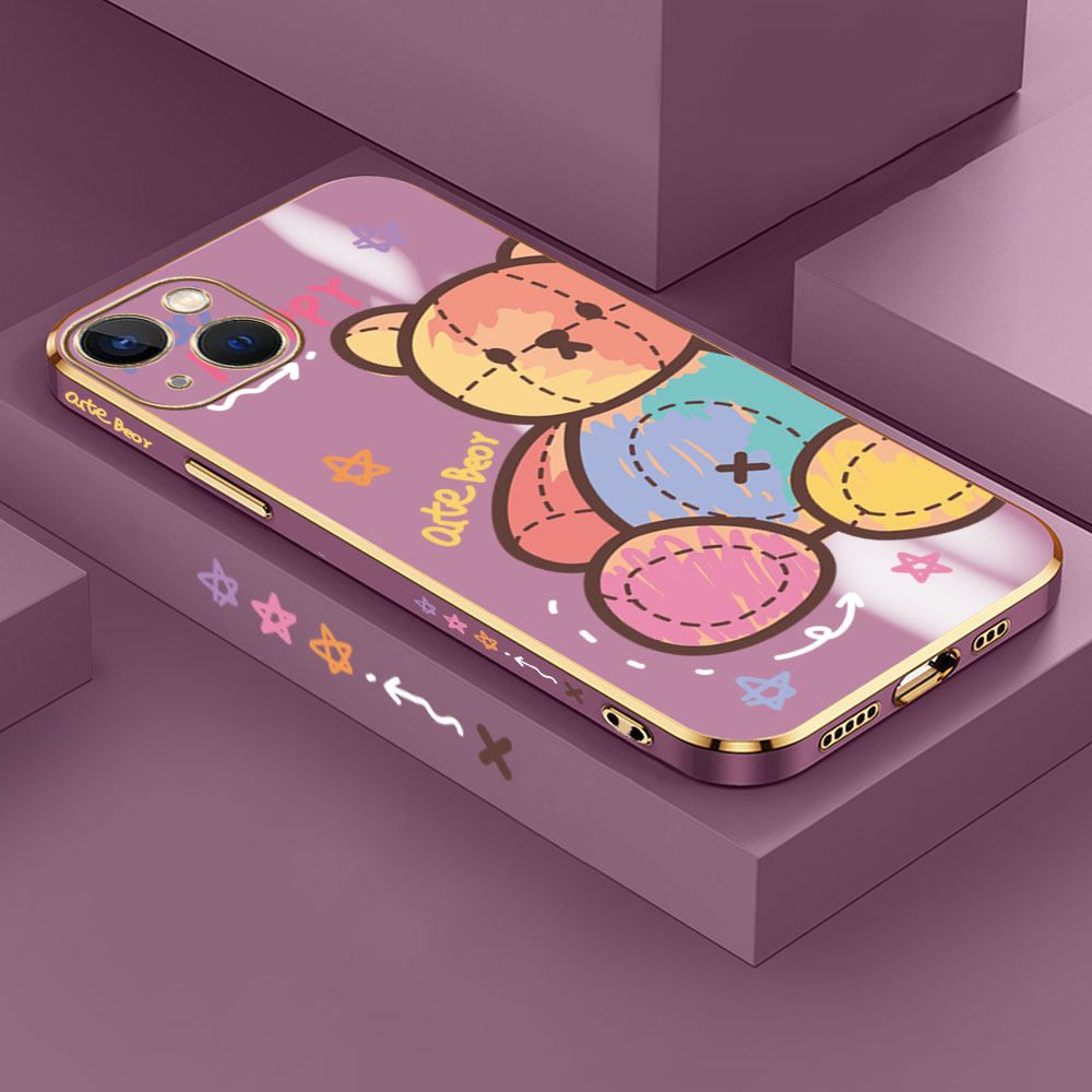 Jizetin (Free Lanyard) iPhone 13 Case Color Doll Bear Luxury 6D Plating Soft Casing Silicone Ultra Thin Phone Cover