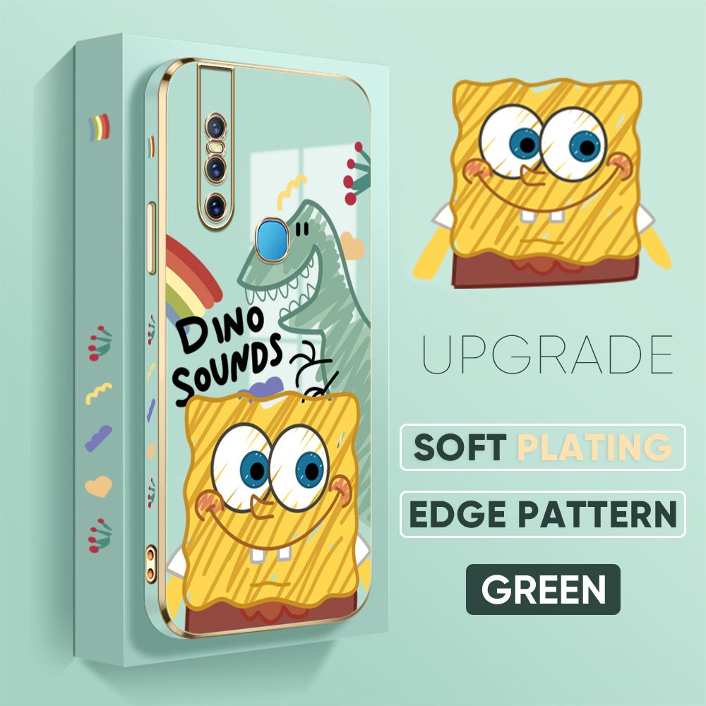 TA for Vivo V15 1819 Back Cover + Free Lanyard Sponge Dinosaur Luxury 6D Plating Case Side Pattern Soft Silicone Square Phone Cases