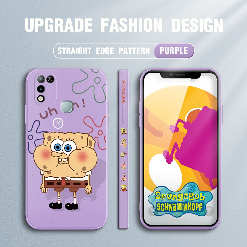 Jizetin for Infinix Hot 10 Play / Hot 11 Play Case Side Design Phone Cover New Cartoon SpongeBob SquarePants Cover Square Edge Pattern Liquid Silicone Trend Case