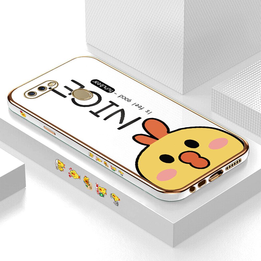 Luxury 6D Plating Case for OPPO A5S Cute Cartoon Chicken Side Pattern Back Cover Soft Silicone Square Frame Shiny Bling Phone Cases + Free Lanyard