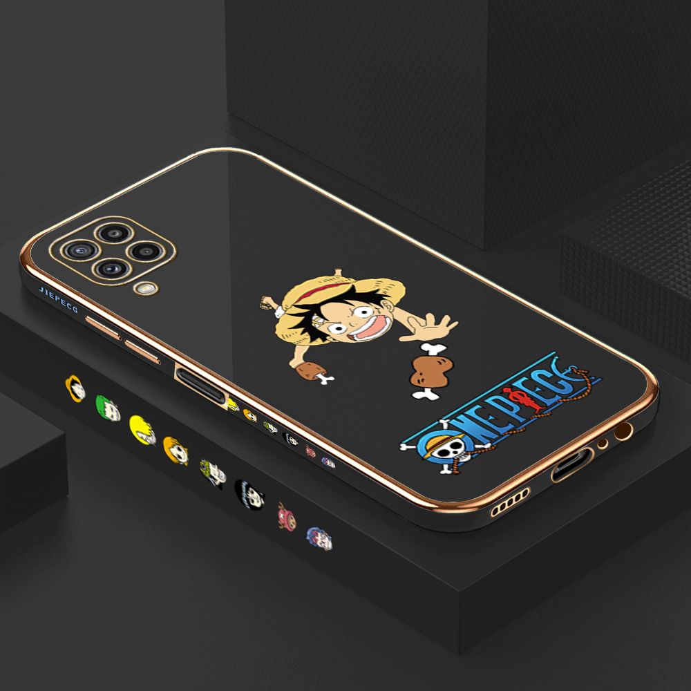 Luxury 6D Plating Case for Samsung M32 Cartoon Meaty Luffy Side Pattern Back Cover Soft Silicone Square Phone Cases + Free Lanyard