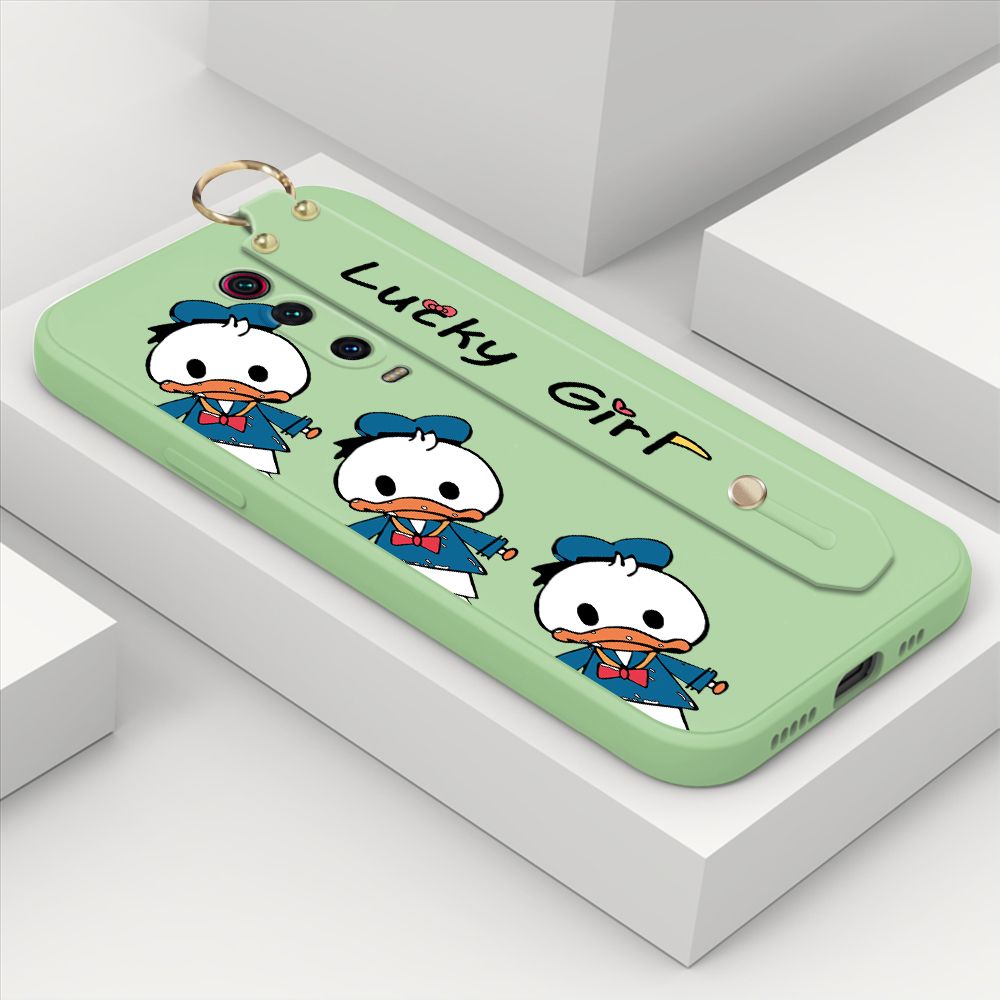 ZeroQiQi for Xiaomi Redmi K20 Pro Wrist Strap Case Cute Cartoon Little Duck Phone Case Square Edge Liquid Silicone Case Full Cover Camera Shockproof Protective Cases