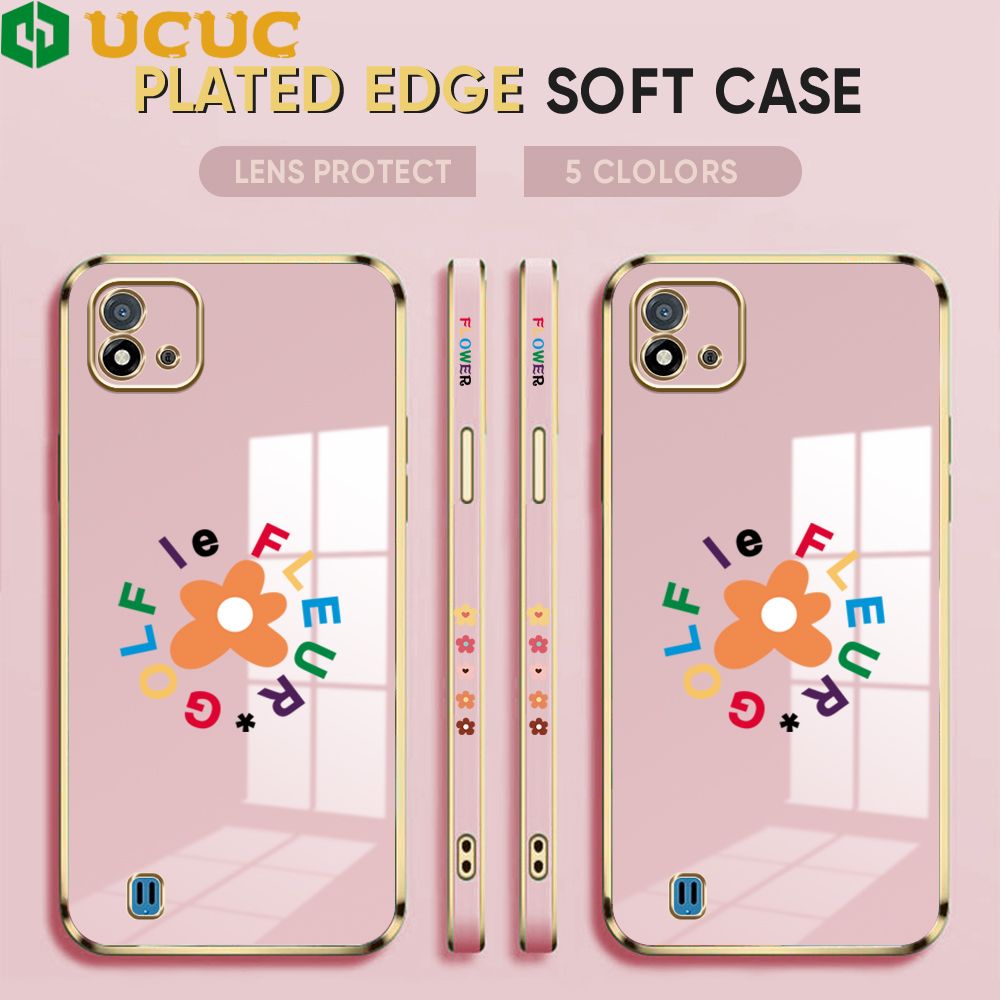 UCUC for Realme C20 / Realme C20A / Realme C11 2021 Back Cover + Free Lanyard Colorful Flower Luxury 6D Plating Case Side Pattern Soft Silicone Square Phone Cases