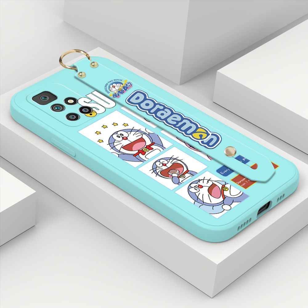 Hontinga for Xiaomi Redmi 10 Wrist Strap Case Cute Cute Cartoon Blue Cat Daily Life Cover Square Edge Liquid Silicone Creative Phone Protective Cases