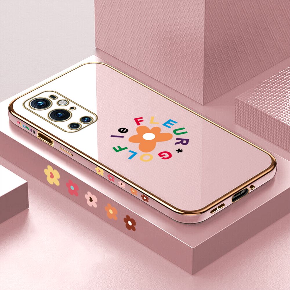 Luxury 6D Plating Case for OnePlus 9 Pro Cartoon Flower Side Pattern Back Cover Soft Silicone Square Frame Shiny Bling Phone Cases + Free Lanyard