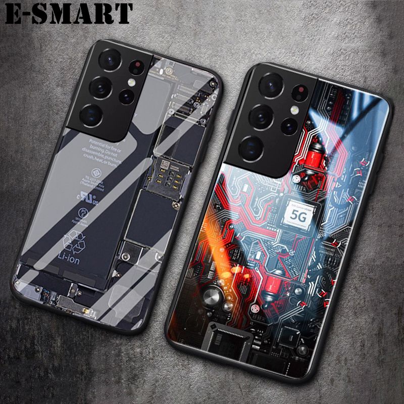 For Samsung Galaxy S22 Ultra Back Cover Explorer Version Theme Case Tempered Glass Protector Case for Samsung S22 Ultra Case Clear Circuit Board Design Full Coverage Phone cases