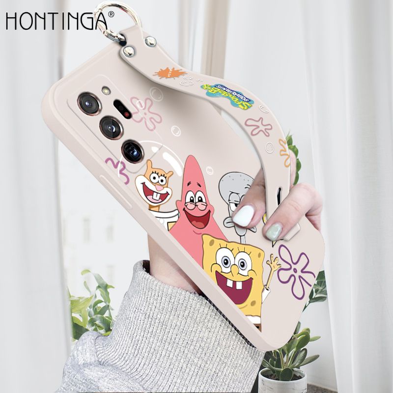 Hontinga for Samsung Galaxy Note 20 Ultra Wrist Strap Case Cute Cute Funny Cartoon Sponge for Square Pants Cover Square Edge Liquid Silicone Anti-drop Phone Case