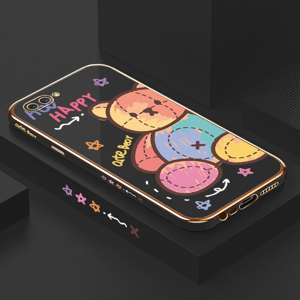 Luxury 6D Plating Case for OPPO A3S Color Cartoon Doll Bear Side Pattern Back Cover Soft Silicone Square Frame Shiny Bling Phone Cases + Free Lanyard