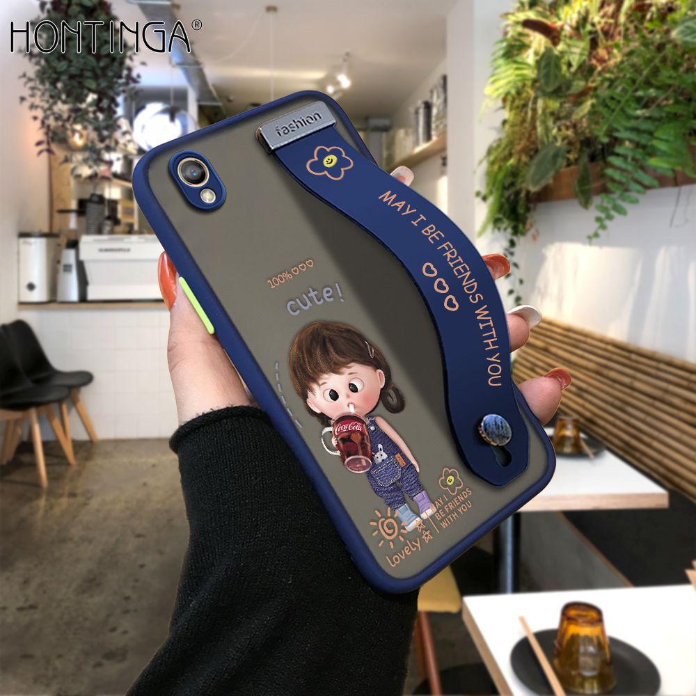 Hontinga for OPPO A37 / A37F Back Cover With Wristband Cola Girl Phone Casee Full Lens Protection Thin Frosted Cases