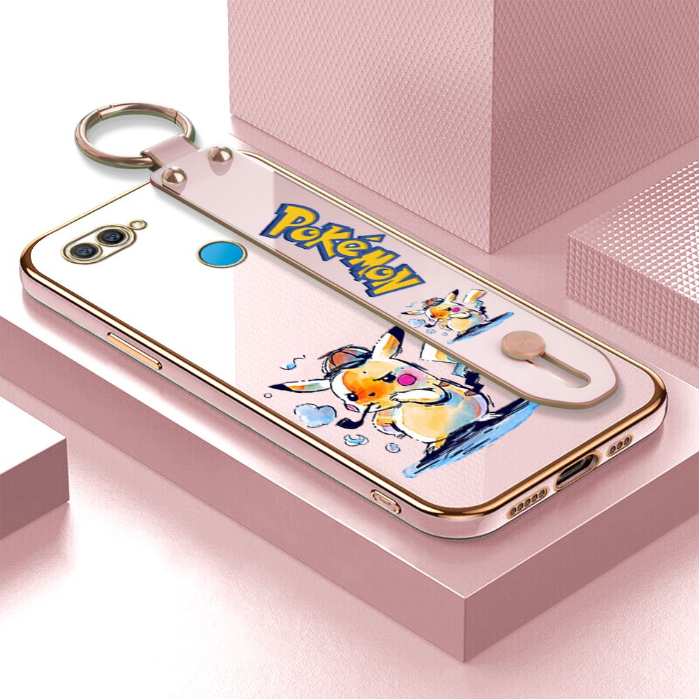 UCUC for OPPO A7 / A5S / A12 / A12S Wrist Strap Back Cover + Free Lanyard Pikachu Fashion Luxury 6D Plating Soft Casing Silicone Square Frame Phone Case