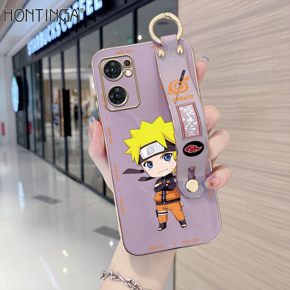 Hontinga for OPPO Reno7 5G Back Cover With Wristband Luxury 6D Plating Anime Naruto Uzumaki Case Soft Silicone Square Phone Cases
