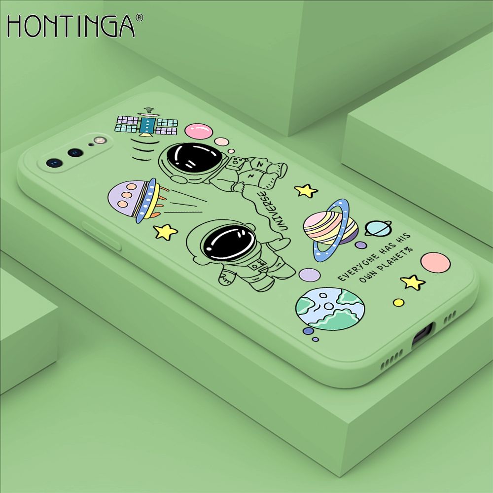 Hontinga for iPhone 7 Plus / 8 Plus Case Fashion Earth Planet Astronaut Phone Case Soft Square Edge Silicone Cases Full Lens Cover Shockproof Protection Cover