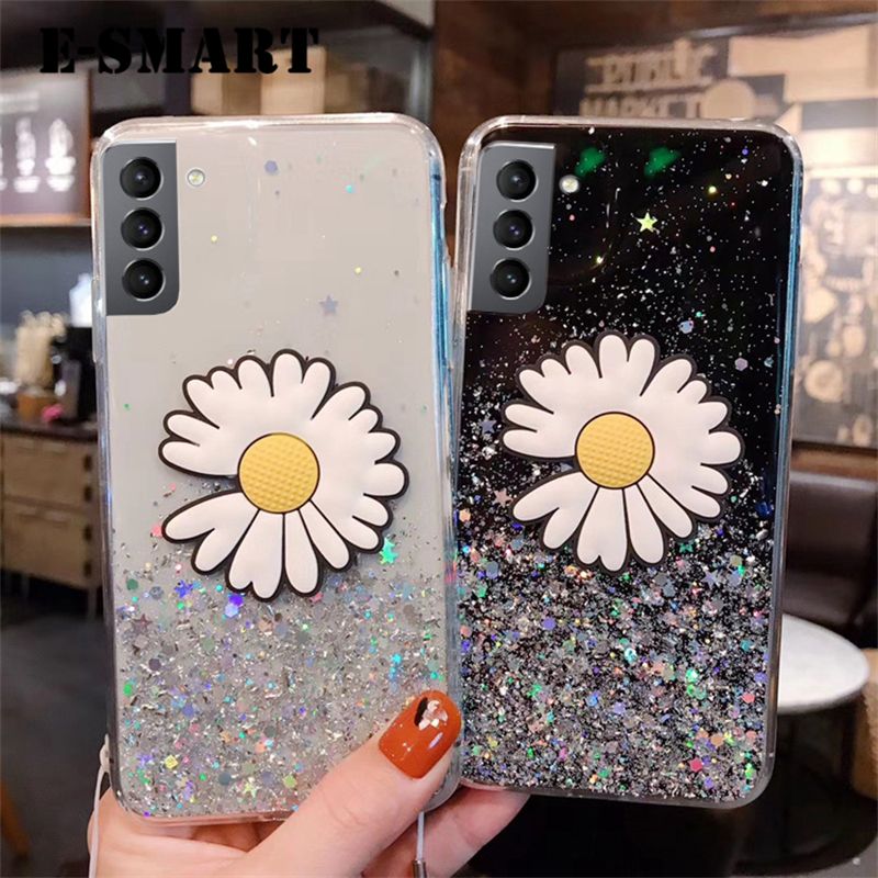 Phone Case Samsung Galaxy S21 Plus Transparent Bling Glitter Cases Soft Clear Shining Sequin Back Cover with Daisy Flowers Folding Samsung S21 Plus Case