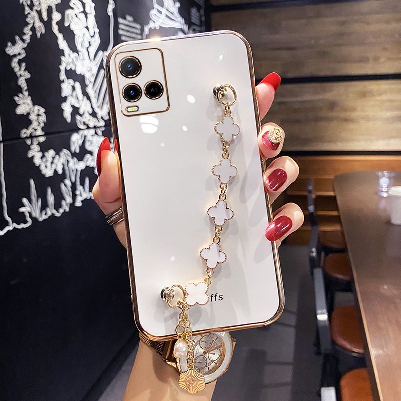 For Vivo Y33T Y33s Back Cover with Lucky Clover Wristband Chain Fashion Bracelet Shiny Plating Square Edge Bumper Phone Case Soft Silicone Bumper Protective Cover