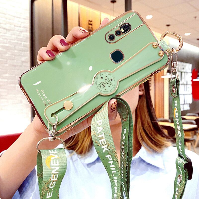 For Vivo V15 Cover with [Lanyard + Wrist Strap Stand Holder] Ultra Thin Plating Bumper Phone Case Camera Lens Protection Soft TPU Silicone Shockproof Protective Back Cover