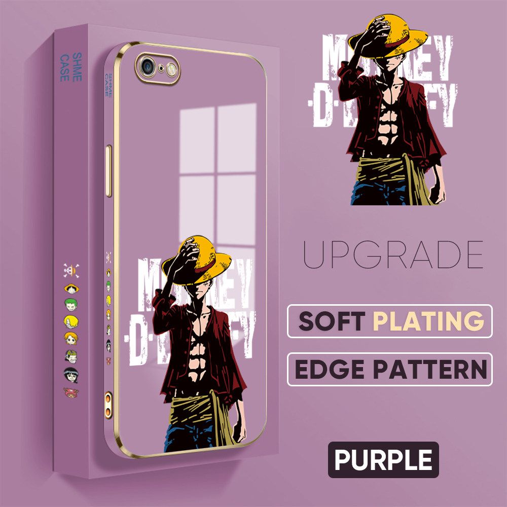 TA for iPhone 6 Plus 6s Plus Back Cover + Free Lanyard Handsome Luffy Luxury 6D Plating Case Side Pattern Soft Silicone Square Phone Cases