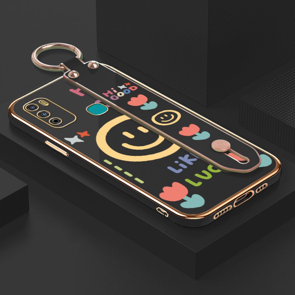 ZeroQiQi for Infinix Hot 9 Play Wrist Strap Back Cover Flower Smiley Fashion Luxury 6D Plating Soft Casing Silicone Square Frame Phone Case