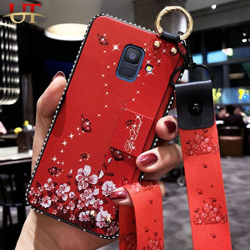 Fashion 3D Relief Diamond Wrist Strap Case For Samsung A6 / Samsung A6 Plus / J8  / Samsung A5  / Samsung A7  Luxury TPU Phone Holder Stand Lanyard Back Cover