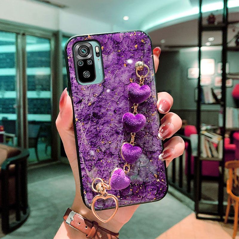 For Xiaomi Redmi Note 10S Back Cover with Love Heart Wristband Chain Fashion Bracelet Marble Glitter Case Soft Silicone Bumper Protective Mobile Phone Cases