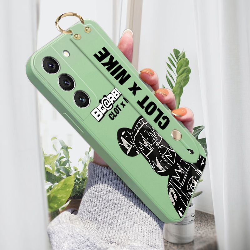 Jizetin for Samsung S22 5G Back Cover Fashion Black Brand Bear Wrist Strap Phone Case Candy Color shock proof Protective Phone Cases