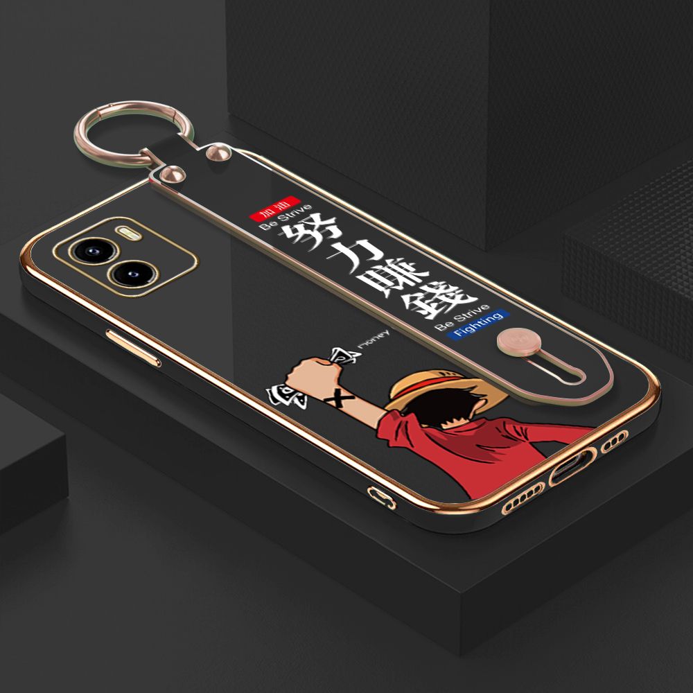 TA for Vivo Y15S / Y15A / Y01 Wrist Strap Back Cover Struggle Luffy Fashion Luxury 6D Plating Soft Casing Silicone Square Frame Phone Case