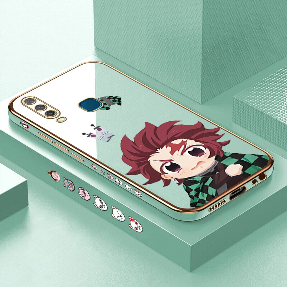 Luxury 6D Plating Case for Vivo Y12 Cartoon Anime Tanjirou Side Pattern Back Cover Soft Silicone Square Frame Shiny Bling Phone Cases + Free Lanyard