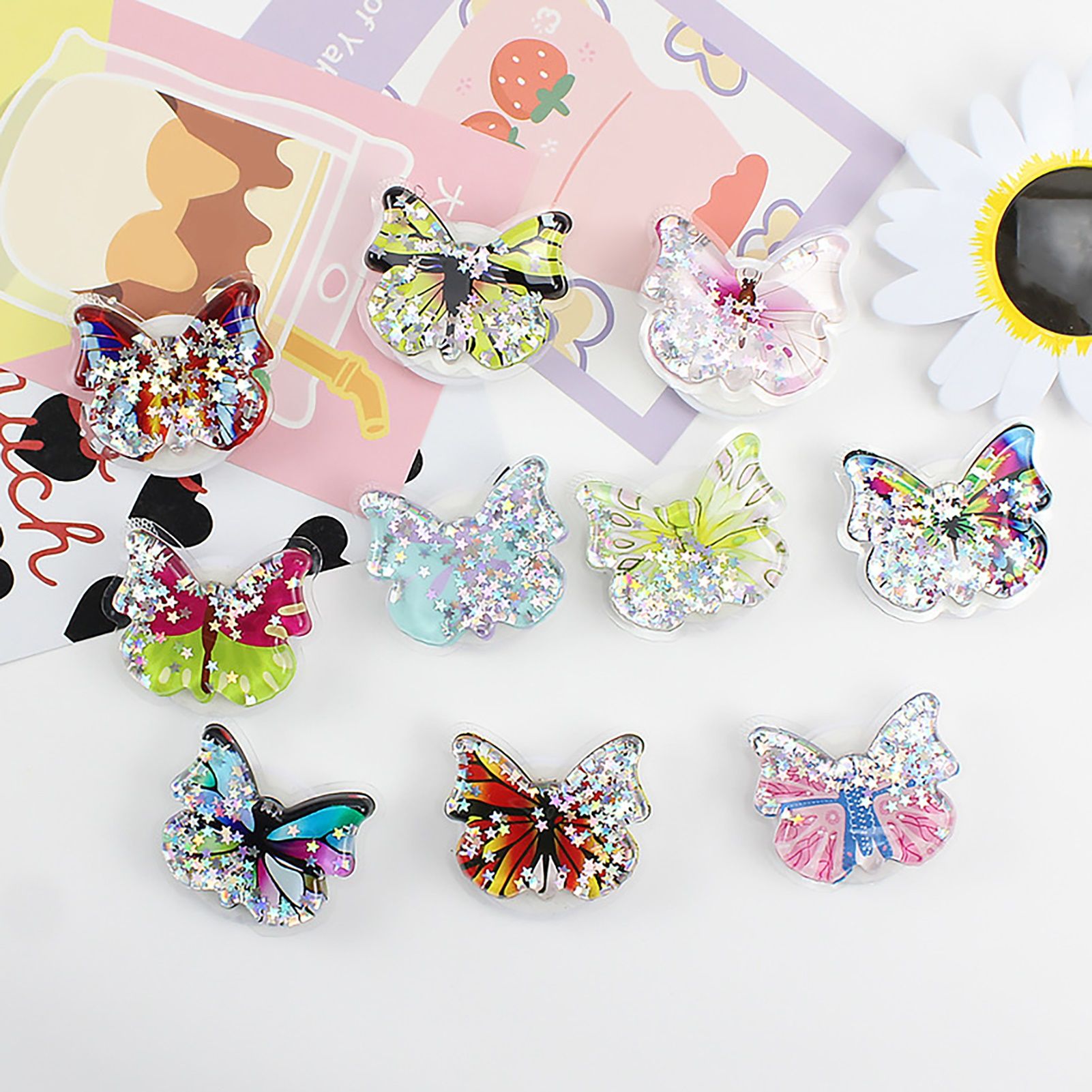 Mobile Phone Finger Stand Decorative Butterfly Quicksand Folding Phone Grip Holder