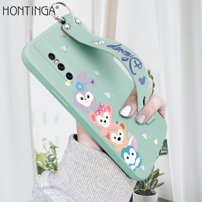 Hontinga for Vivo V15 Pro Wrist Strap Case INS Cute Style Creative Cartoon Rabbit and Fox Cover Thin Square Edge Liquid Silicone Phone Case