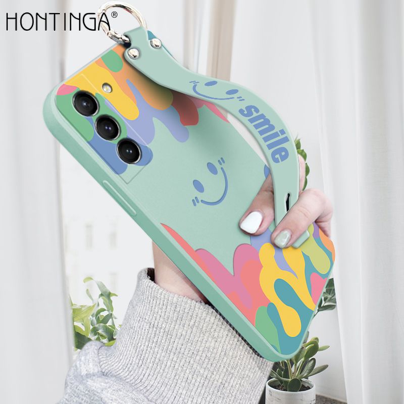 Hontinga for Samsung Galaxy S21 Plus 5G Wrist Strap Case Soft Candy Color Splash Ink Cover Trend Square Printed Pattern Liquid Silicone Phone Case