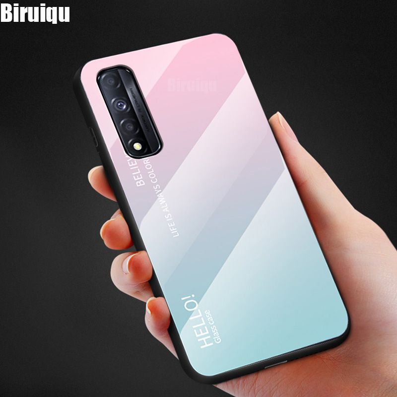 Biruiqu For Realme Narzo 30 Shockproof Gradient Tempered Glass Back Soft Silicone Edge Case Cover