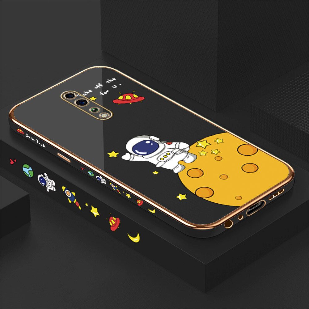 Luxury 6D Plating Case for OPPO Reno Z Cute Cartoon Happy Astronaut Side Pattern Back Cover Soft Silicone Square Frame Shiny Bling Phone Cases + Free Lanyard
