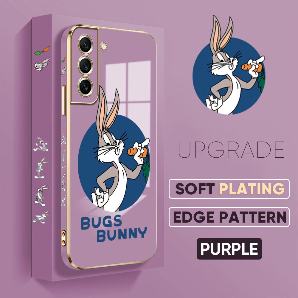 Jizetin (Free Lanyard) Samsung Galaxy S21 FE 5G Back Cover Anime Rabbit Luxury 6D Plating Case Side Pattern Soft Silicone Square Mobile Phone Cases